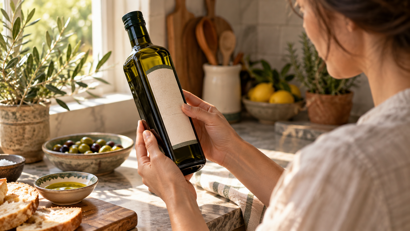 Illustrative placeholder of a person reading the back of an unlabeled olive oil bottle