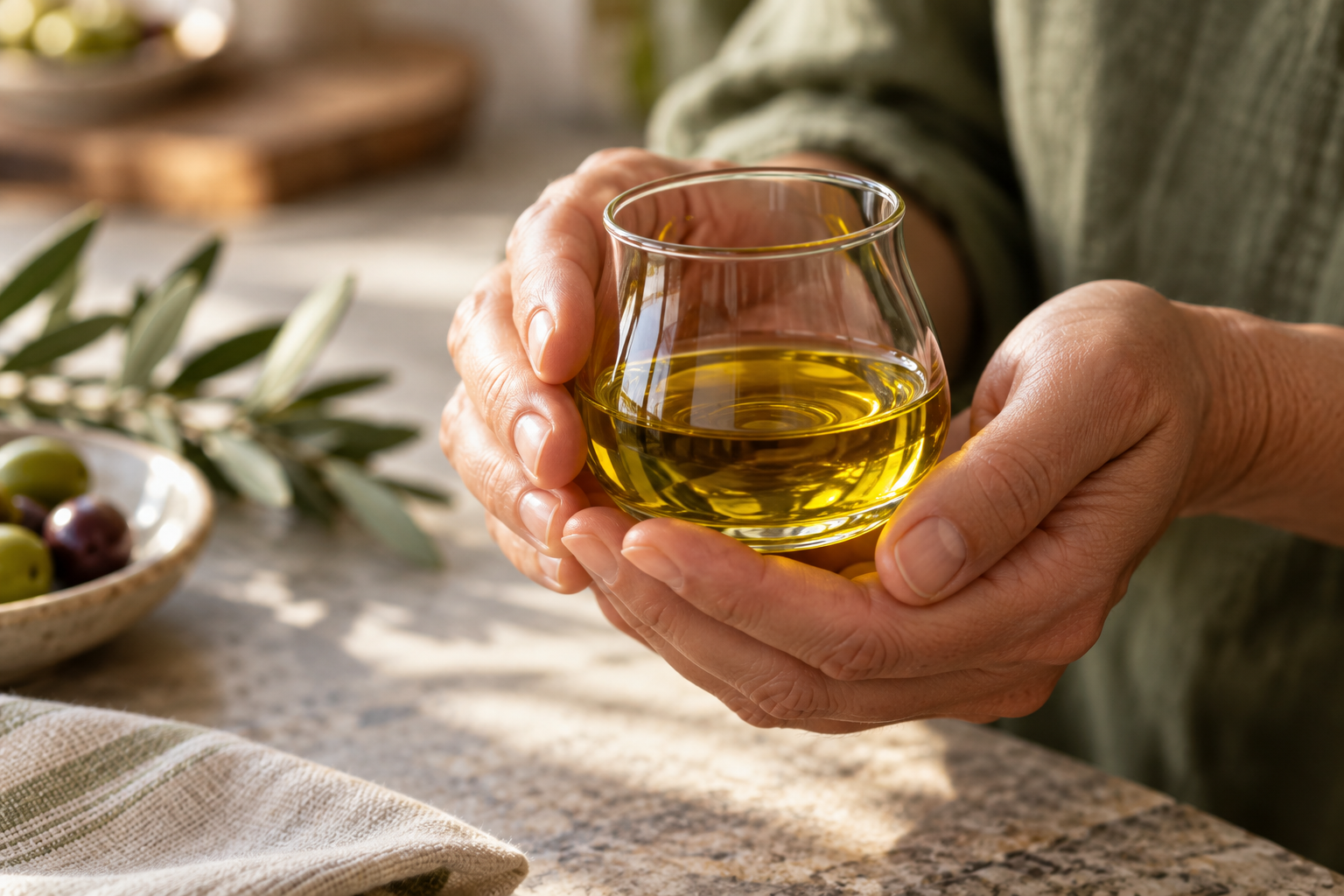 Illustrative placeholder of a small glass of olive oil warmed between two hands