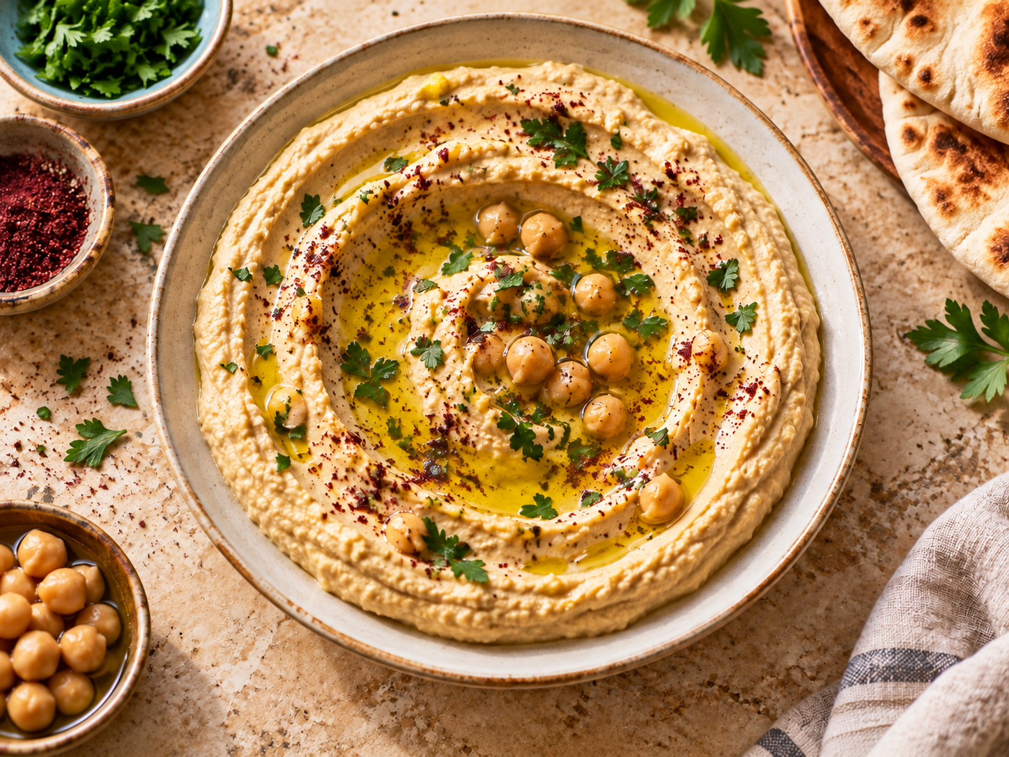 Illustrative placeholder of Lebanese hummus swirled with olive oil