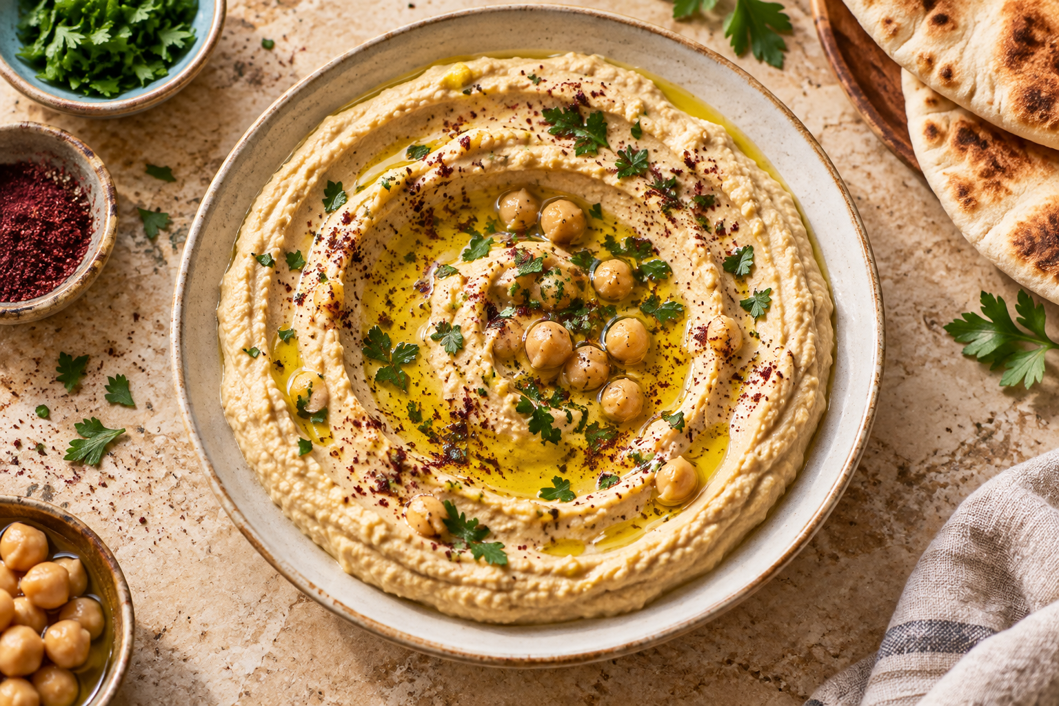 Illustrative placeholder of Lebanese hummus with olive oil pooled in the center