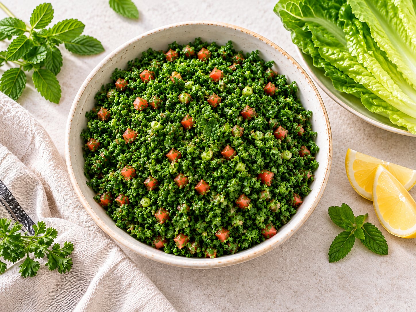 Temporary illustrative image of Lebanese tabbouleh with parsley, romaine and lemon
