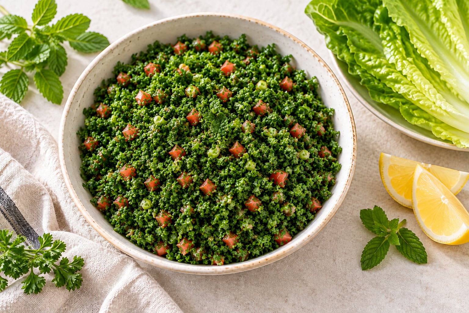 Temporary illustrative image of a bowl of parsley-forward Lebanese tabbouleh with romaine and lemon