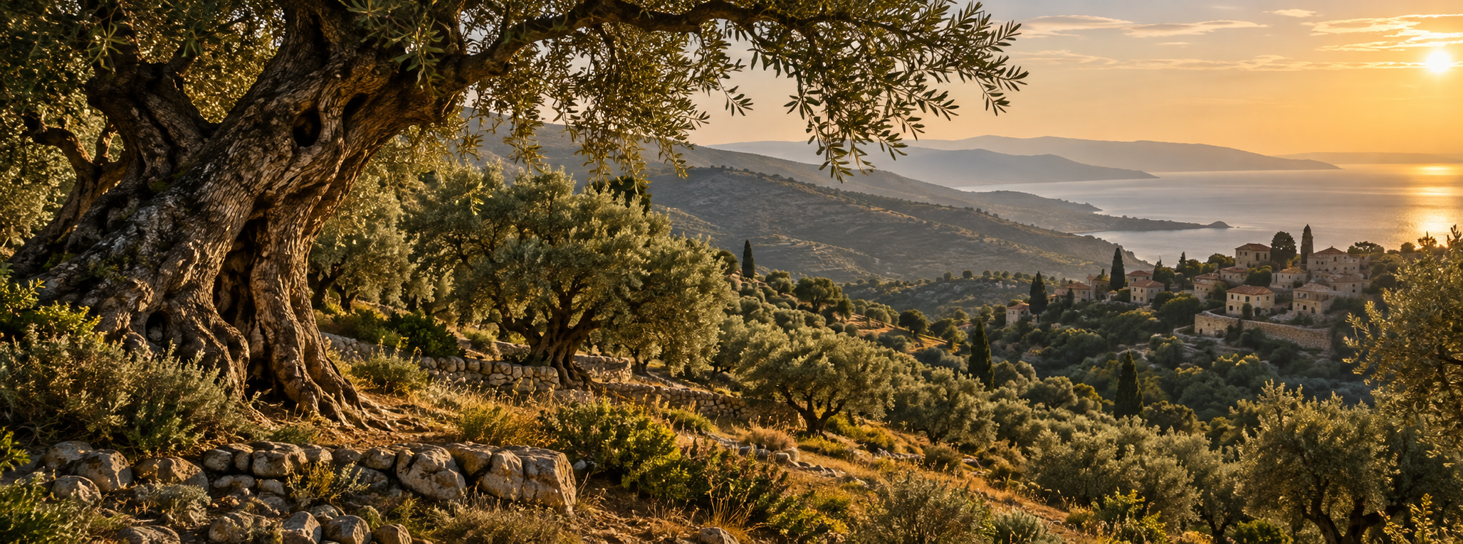 Ancient olive grove on terraced Mediterranean hills